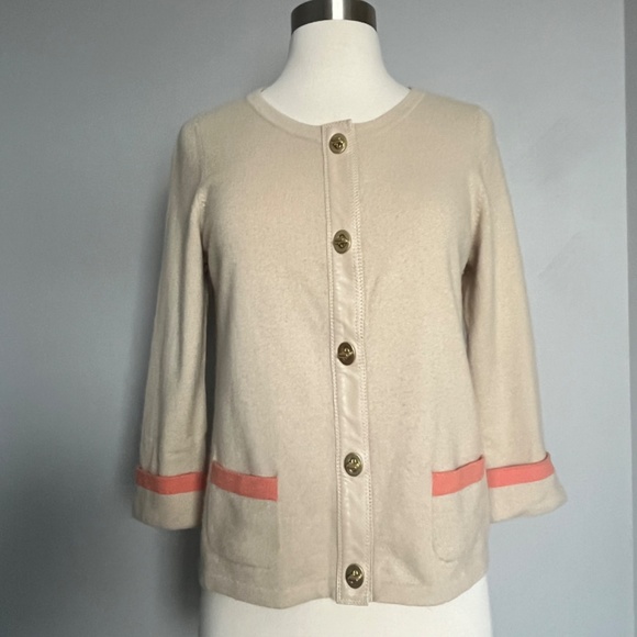 Coach Cashmere Leather Trim Buttoned Turnlock Tan Coral Career Cardigan‎ Sweater - Picture 2 of 12